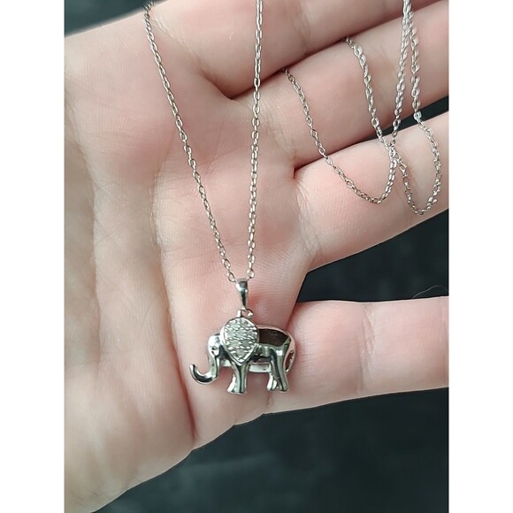 925 Sterling Silver Diamond Accent Elephant Pendant Necklace, Vintage - Picture 2 of 10